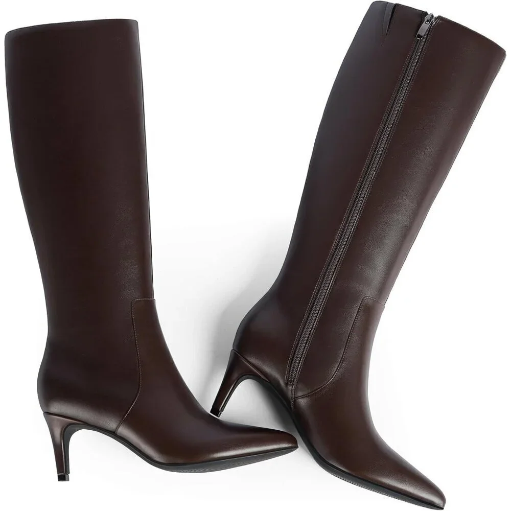 Women Chocolate 1 Tall Boots Pointed Toe Kitten Heel Side Zipper Knee High Boots